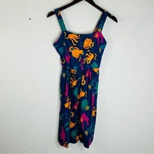 Modcloth Size 4 Novelty Print Blue Monkey Twee Button Front A-Line Cotton Dress
